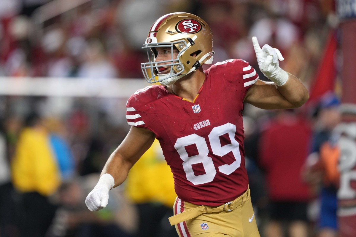 Oct 8, 2023; Santa Clara, California, USA; San Francisco 49ers tight end Charlie Woerner (89) gestures during the fourth quarter against the Dallas Cowboys at Levi's Stadium.